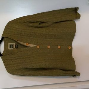 Eddie Bauer size large, olive green cable knit cardigan.